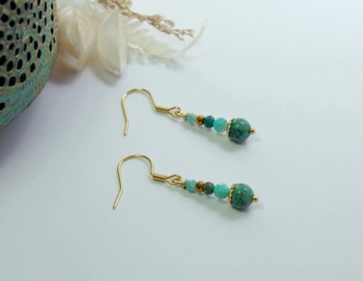 Boucles d'oreilles Turquoise Amazonite Chrysocolle Acier inoxydable doré Laoobijoux