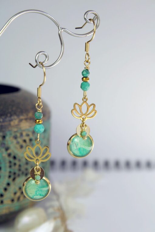 Boucles d'oreilles Lotus Turquoise Chrysocolle acier inoxydable doré Laoobijoux