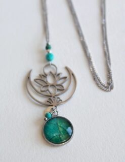 Sautoir Turquoise Lune Lotus Pensée Acier Inoxydable argent Laoobijoux d