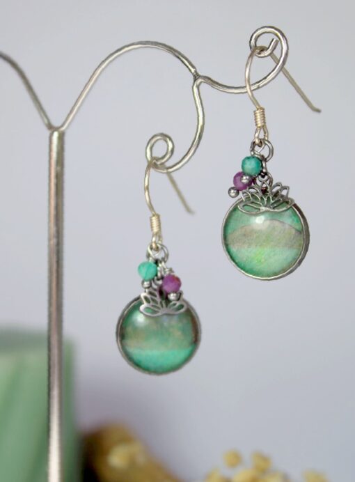 Boucles d'oreilles Lotus Fluorite Chrysocolle Renoncule Argent925 Laoobijoux a