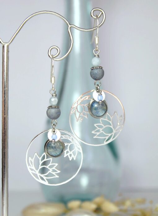 Boucles d'oreilles lotus aigue-marine hortensia bleu argent925 Laoobijoux c