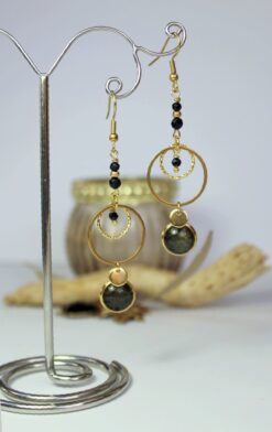 Boucles d'oreille anneaux onyx obsidienne acier inoxydable or Laoobijoux