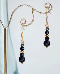 petites boucles d'oreille perles obsidienne onyx acier Inoxydable doré Laoobijoux a