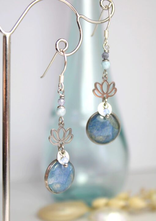 boucles d'oreilles aigue-marine lotus hortensia bleu argent925 Laoobijoux b